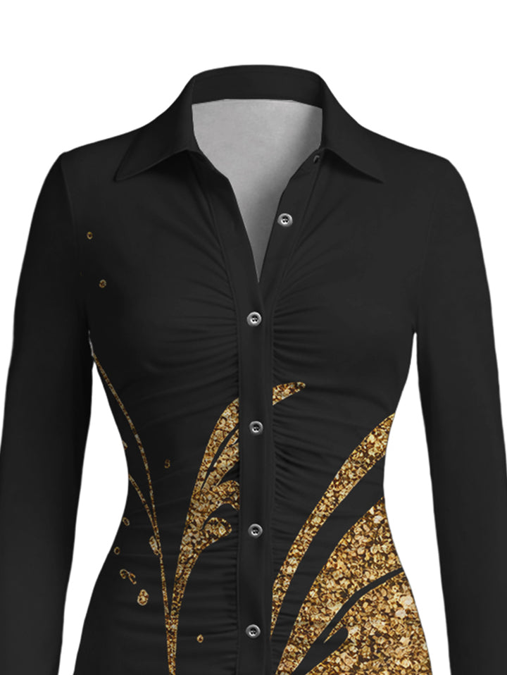 Golden Scroll Vine Print Ruched Button Up Long Sleeve Bodycon Slit Vintage Shirt Dress