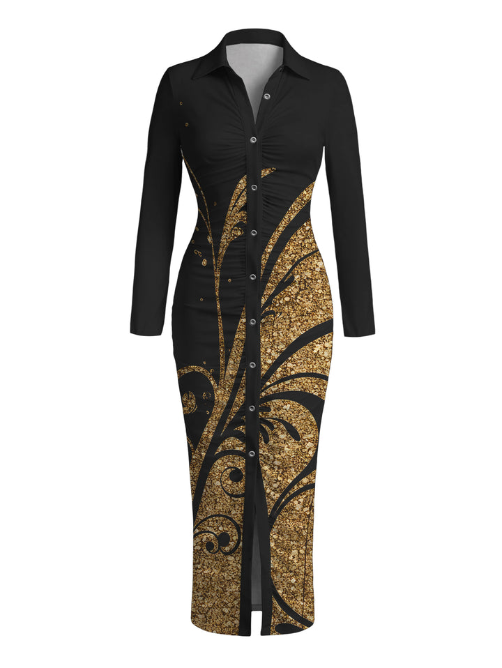 Golden Scroll Vine Print Ruched Button Up Long Sleeve Bodycon Slit Vintage Shirt Dress