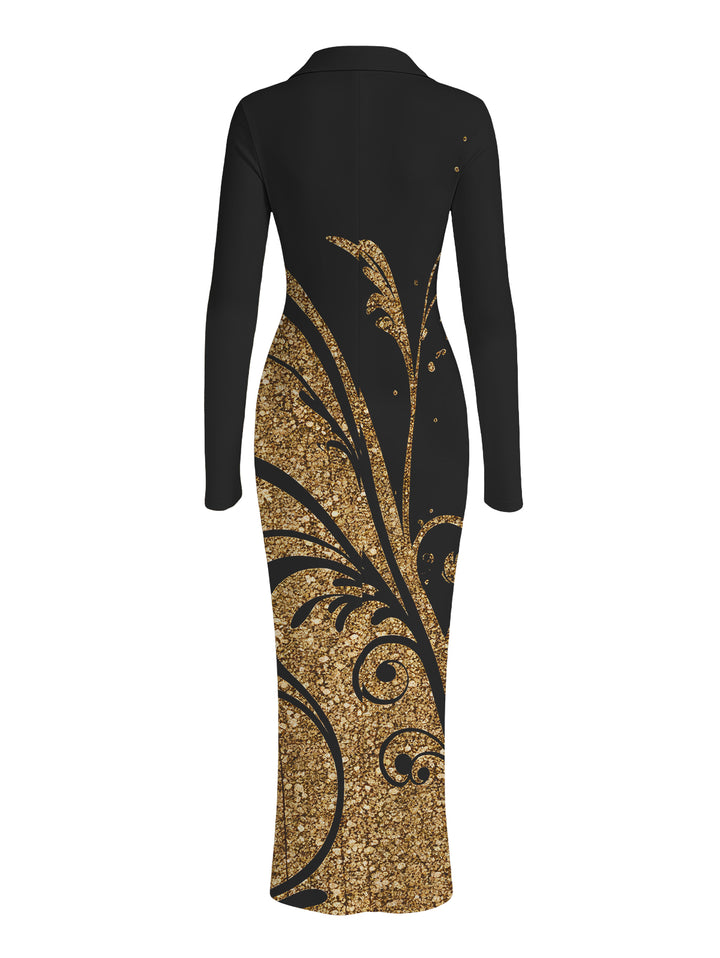 Golden Scroll Vine Print Ruched Button Up Long Sleeve Bodycon Slit Vintage Shirt Dress