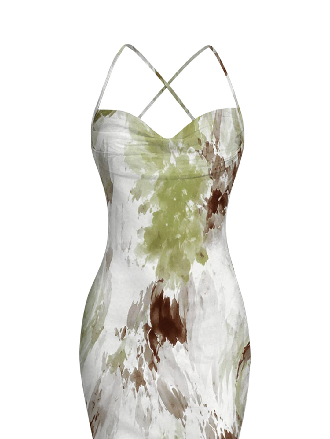 Ink Painting Tie Dye Print Mesh Panel Draped Crisscross Bodycon Vintage Vacation Dress
