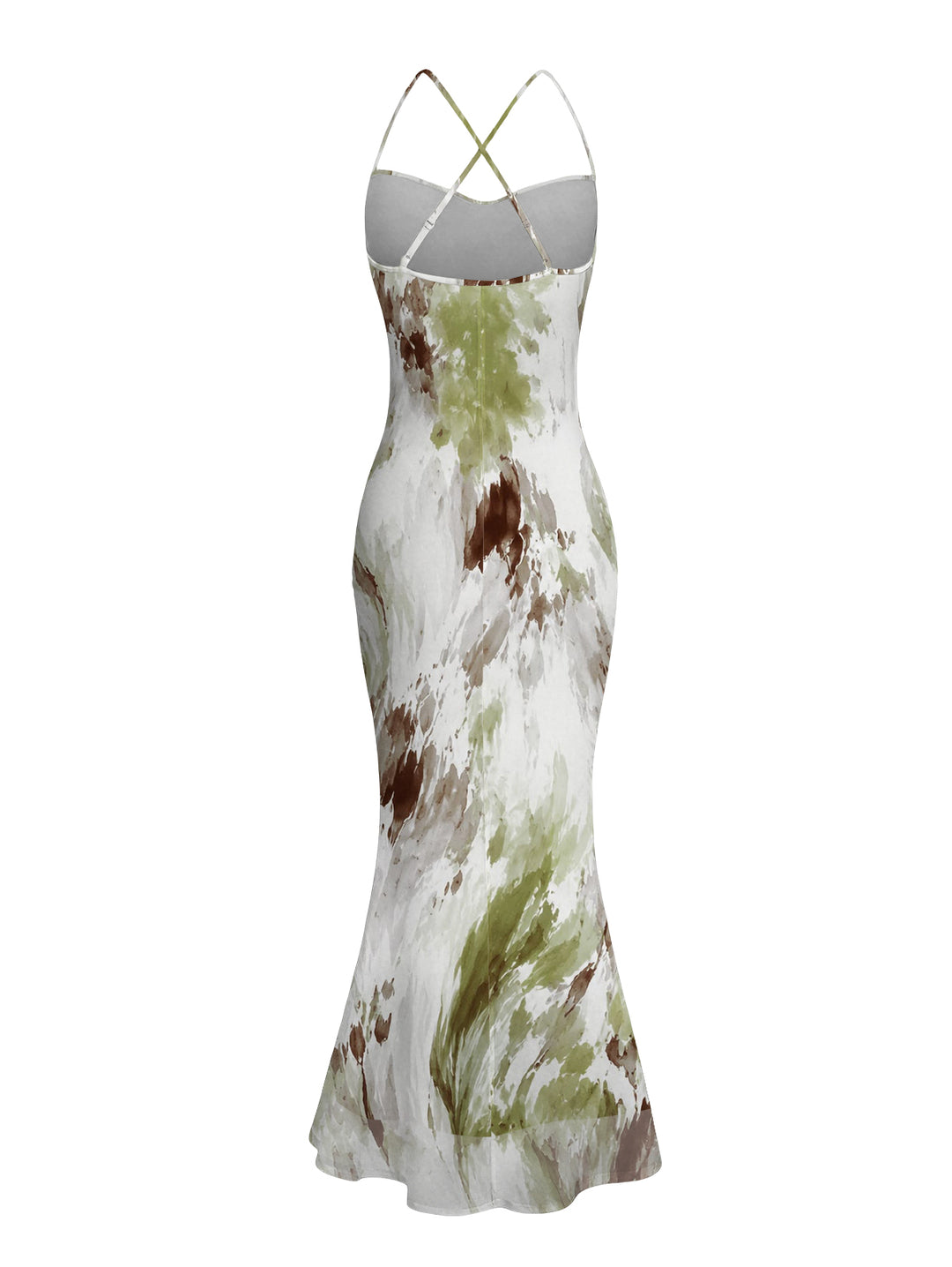 Ink Painting Tie Dye Print Mesh Panel Draped Crisscross Bodycon Vintage Vacation Dress