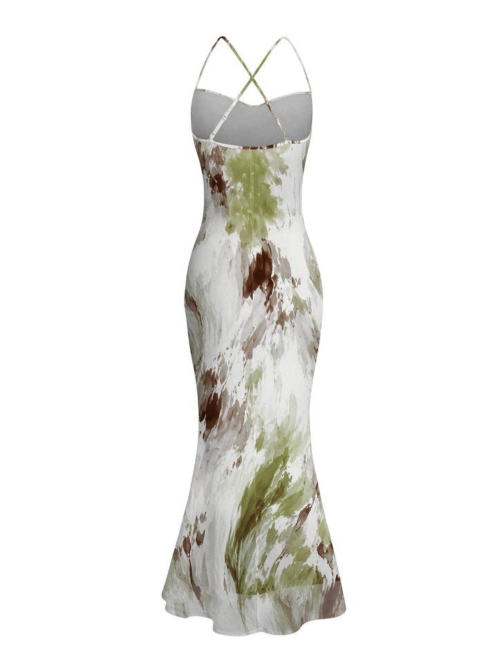 Ink Painting Tie Dye Print Mesh Panel Draped Crisscross Bodycon Vintage Vacation Dress