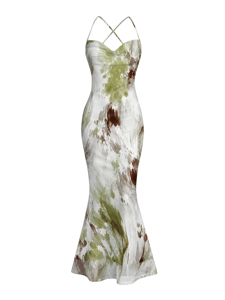 Ink Painting Tie Dye Print Mesh Panel Draped Crisscross Bodycon Vintage Vacation Dress