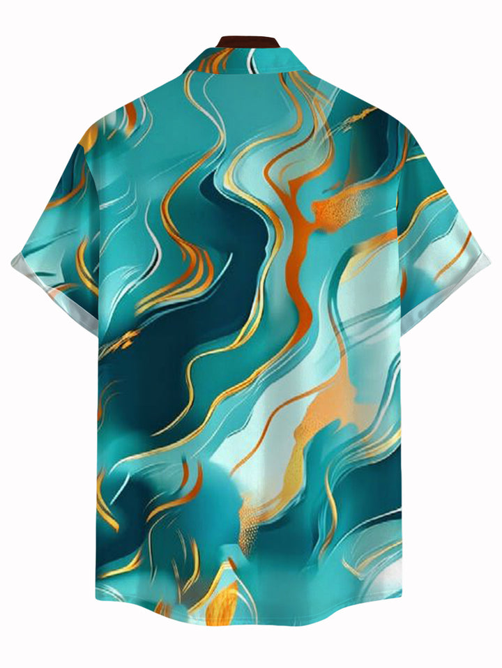 Men's Gold Vein Fluid Marble Print Button Up Short Sleeve Vacation Shirt