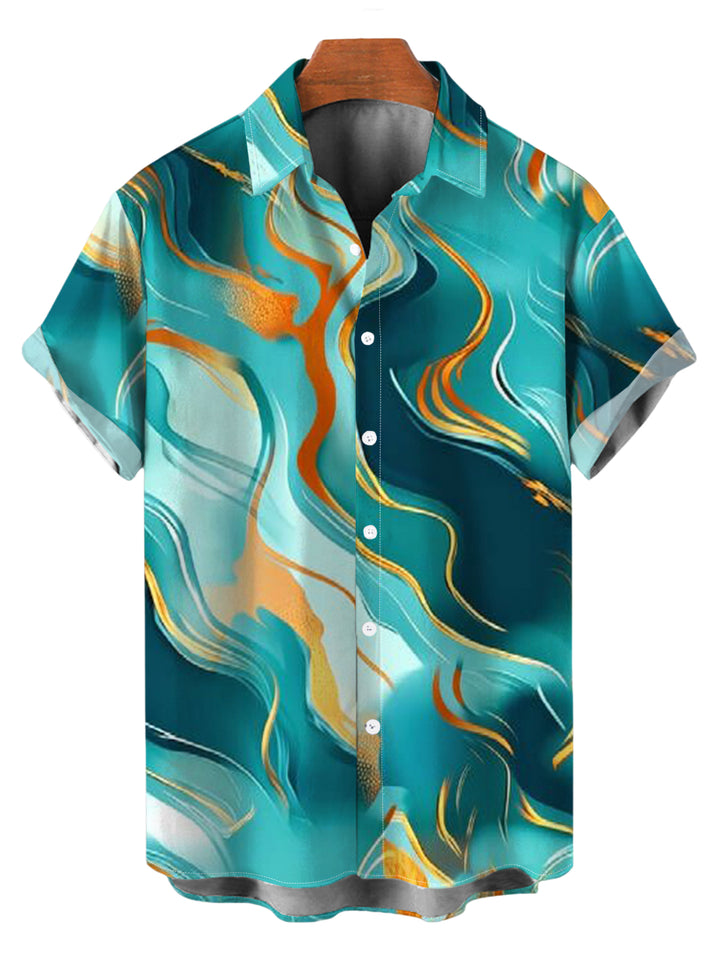 Men's Gold Vein Fluid Marble Print Button Up Short Sleeve Vacation Shirt