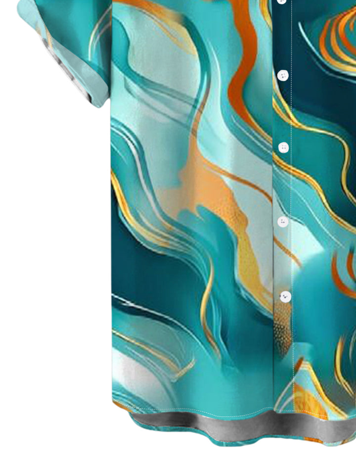 Men's Gold Vein Fluid Marble Print Button Up Short Sleeve Vacation Shirt
