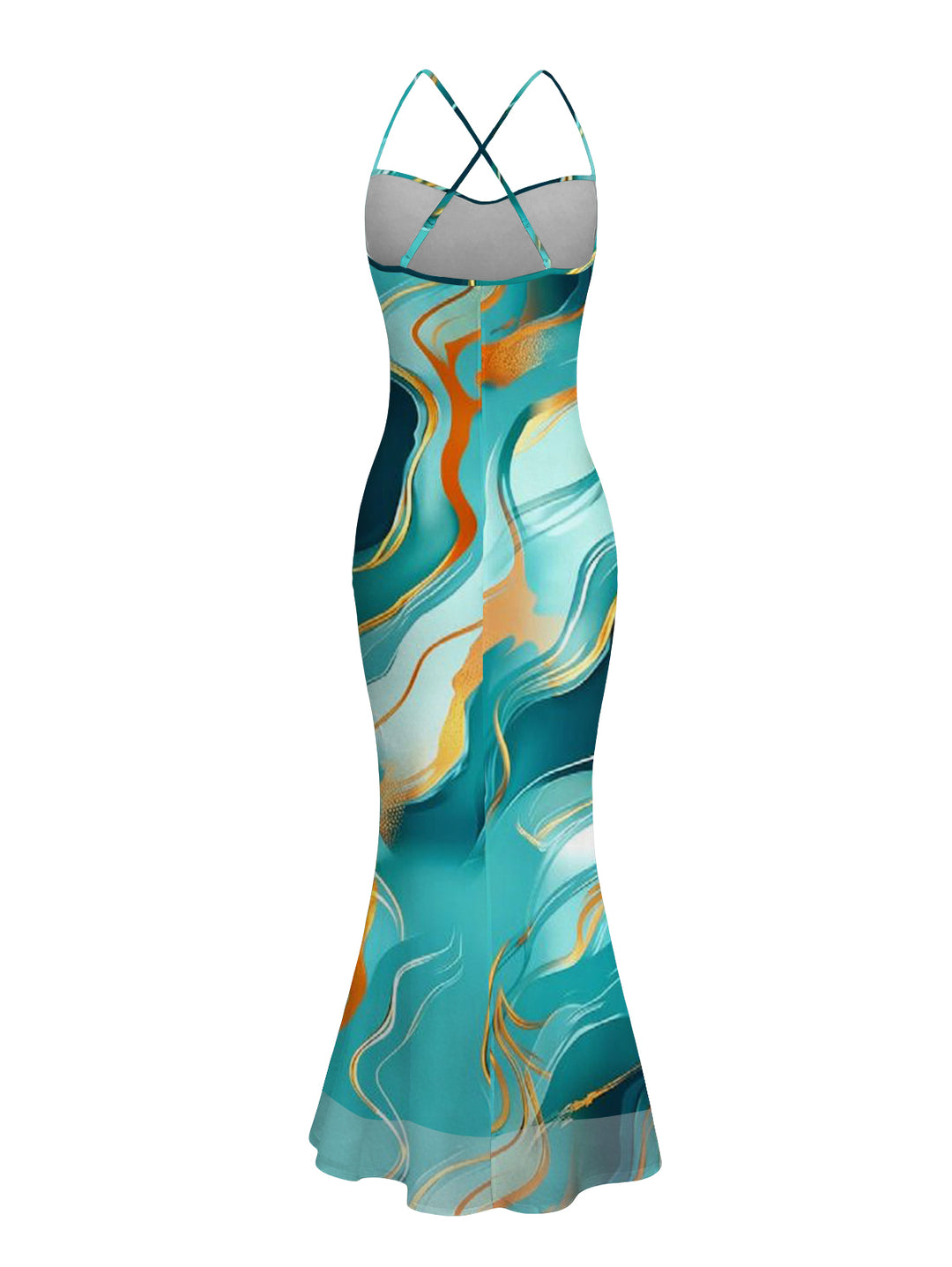 Gold Vein Fluid Marble Print Crisscross Draped Mesh Panel Mermaid Bodycon Vacation Dress