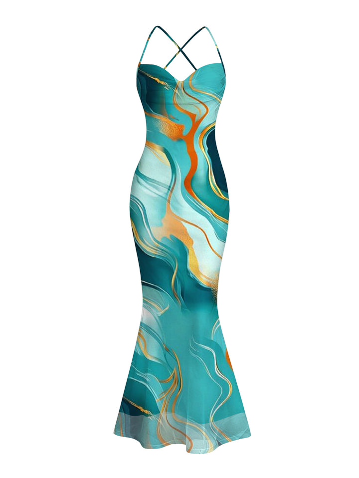 Gold Vein Fluid Marble Print Crisscross Draped Mesh Panel Mermaid Bodycon Vacation Dress