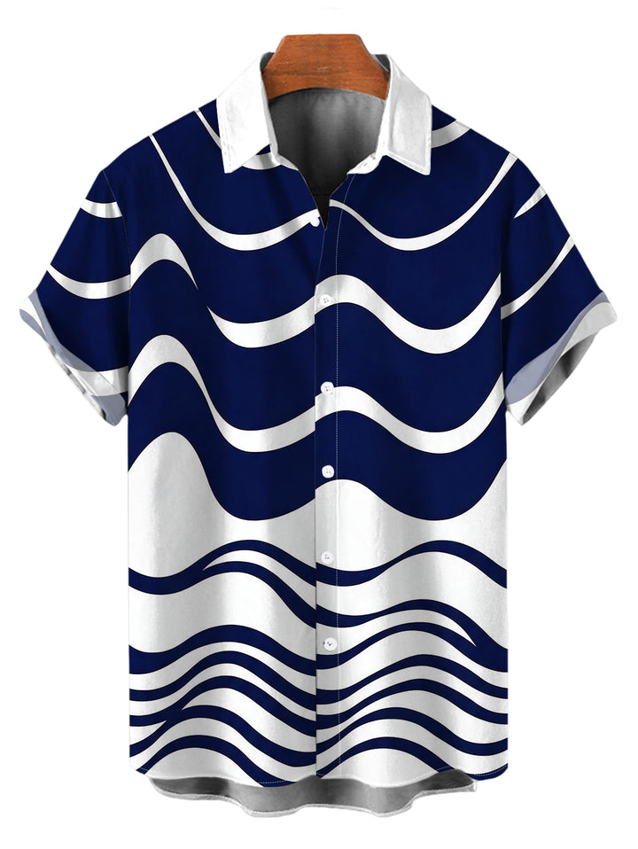 Men's Colorblock Wave Striped Print Button Up Short Sleeve Shirt