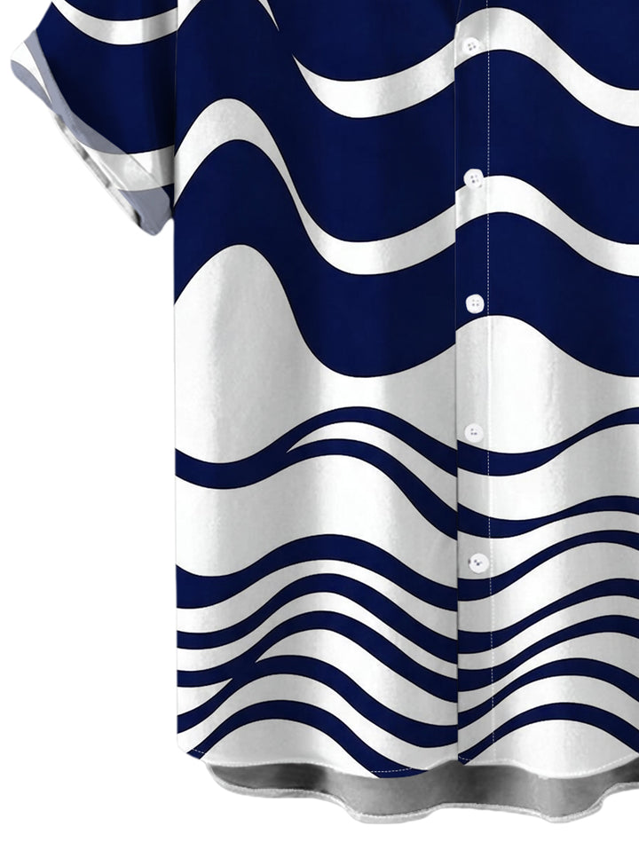 Men's Colorblock Wave Striped Print Button Up Short Sleeve Shirt