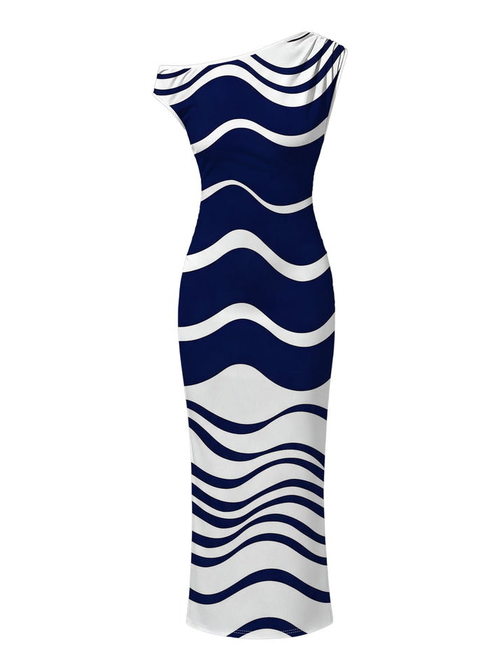Colorblock Wave Striped Print Skew Neck Bodycon Dress