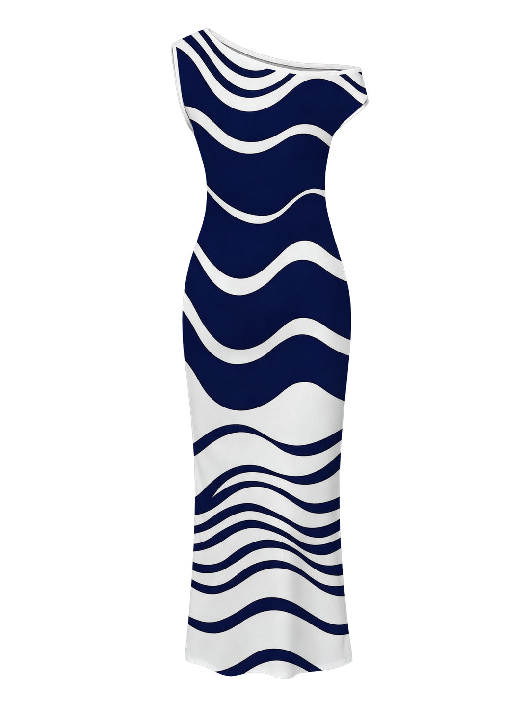 Colorblock Wave Striped Print Skew Neck Bodycon Dress