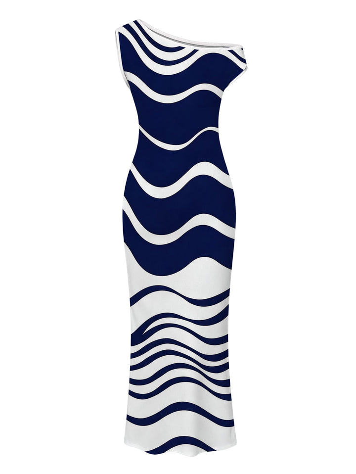 Colorblock Wave Striped Print Skew Neck Bodycon Dress