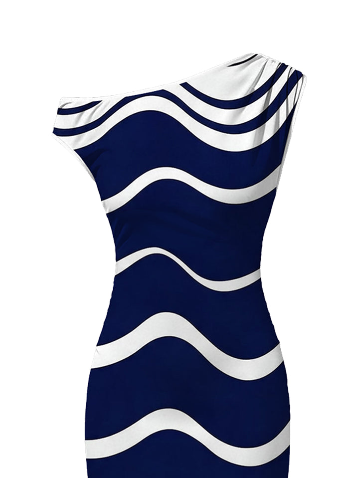 Colorblock Wave Striped Print Skew Neck Bodycon Dress