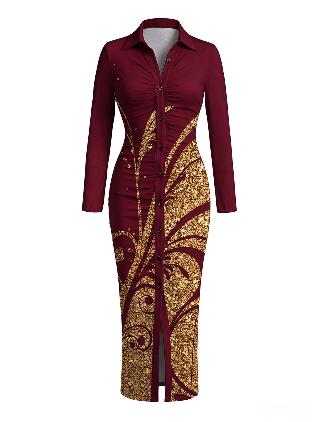 Golden Scroll Vine Print Ruched Button Up Long Sleeve Bodycon Slit Vintage Shirt Dress