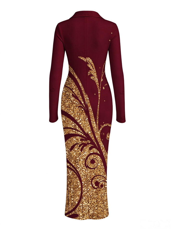 Golden Scroll Vine Print Ruched Button Up Long Sleeve Bodycon Slit Vintage Shirt Dress
