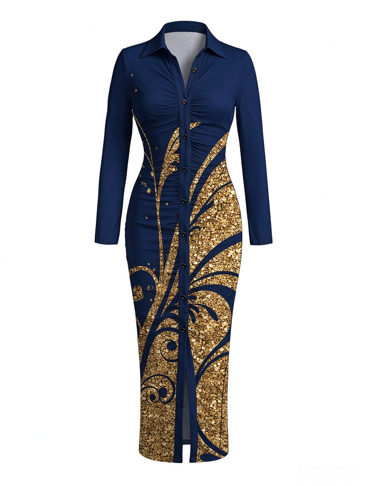 Golden Scroll Vine Print Ruched Button Up Long Sleeve Bodycon Slit Vintage Shirt Dress