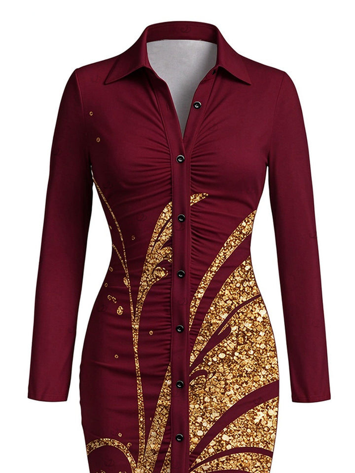 Golden Scroll Vine Print Ruched Button Up Long Sleeve Bodycon Slit Vintage Shirt Dress