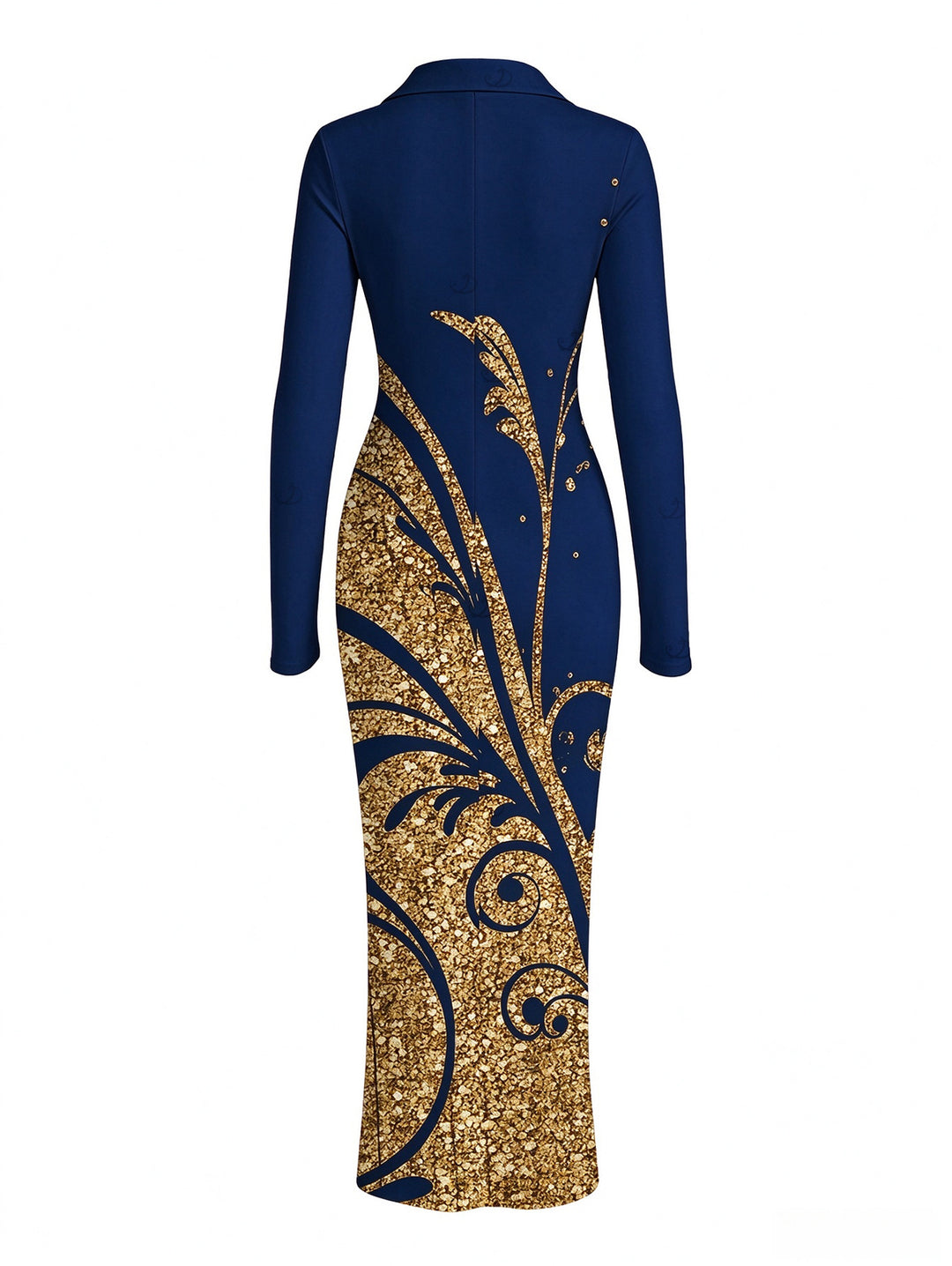 Golden Scroll Vine Print Ruched Button Up Long Sleeve Bodycon Slit Vintage Shirt Dress