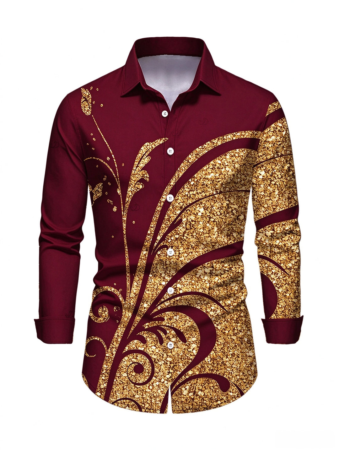 Men's Golden Scroll Vine Print Button Up Long Sleeve Vintage Shirt