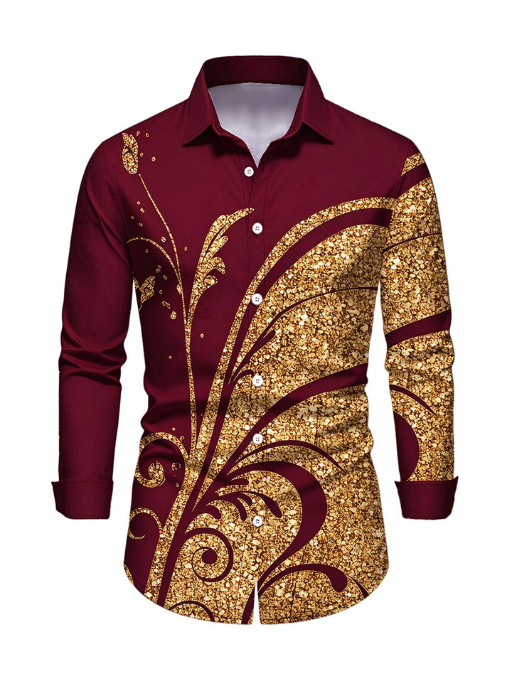 Men's Golden Scroll Vine Print Button Up Long Sleeve Vintage Shirt