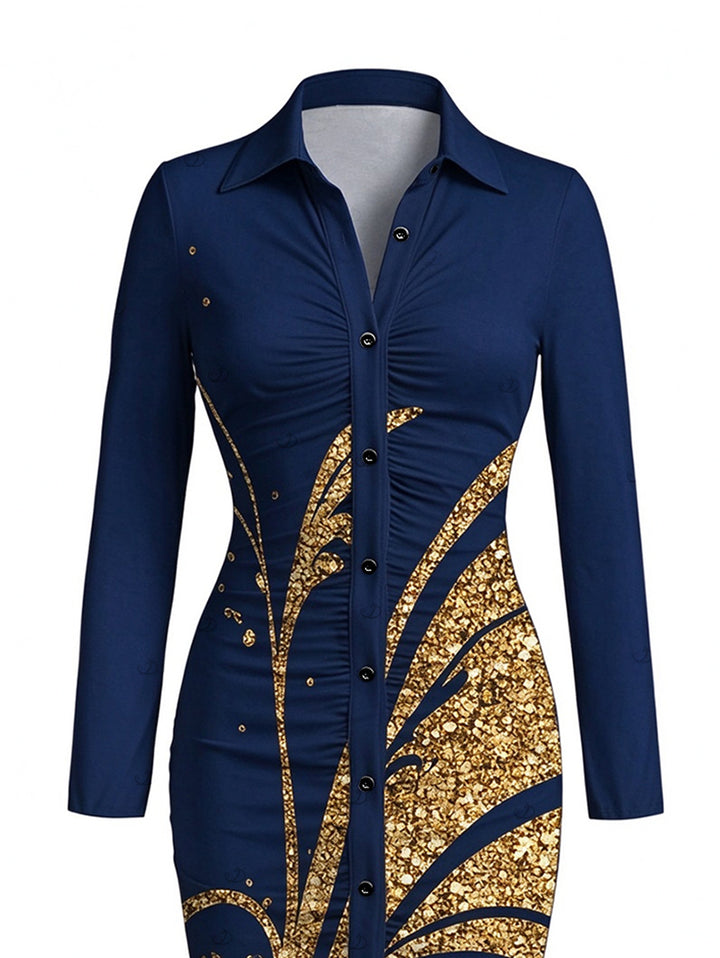 Golden Scroll Vine Print Ruched Button Up Long Sleeve Bodycon Slit Vintage Shirt Dress