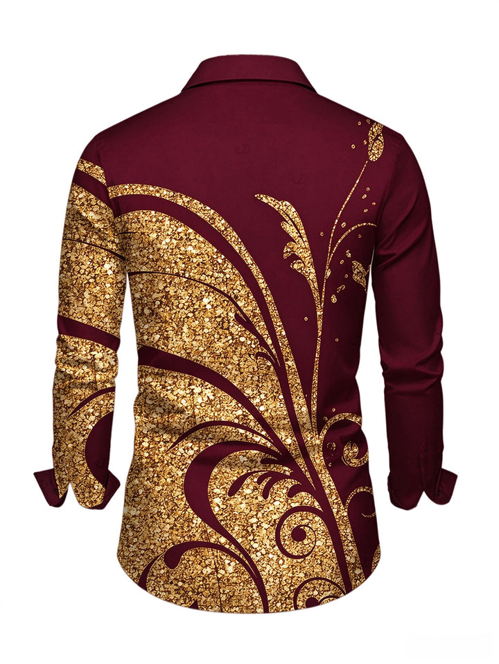 Men's Golden Scroll Vine Print Button Up Long Sleeve Vintage Shirt