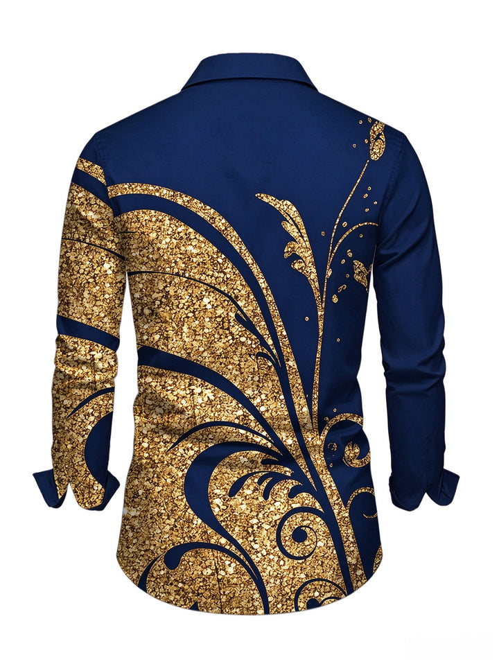Men's Golden Scroll Vine Print Button Up Long Sleeve Vintage Shirt