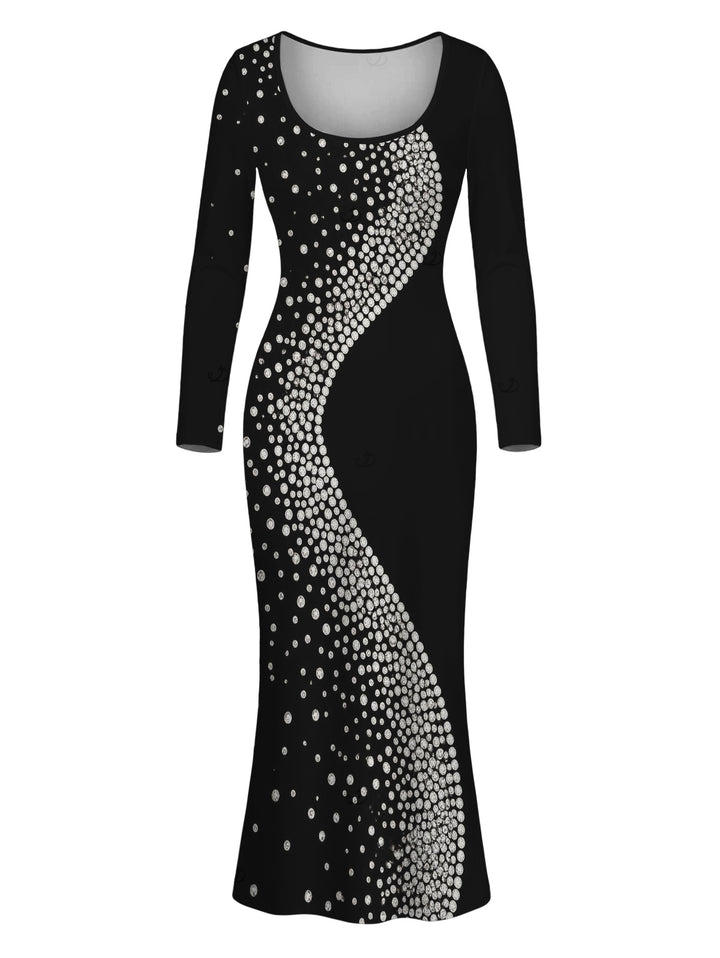 Diagonal Rhinestone Dot Print U Neck Long Sleeve Bodycon Party Dress