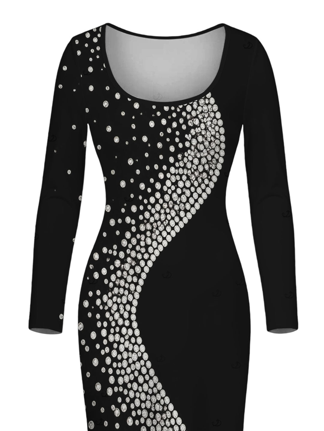 Diagonal Rhinestone Dot Print U Neck Long Sleeve Bodycon Party Dress