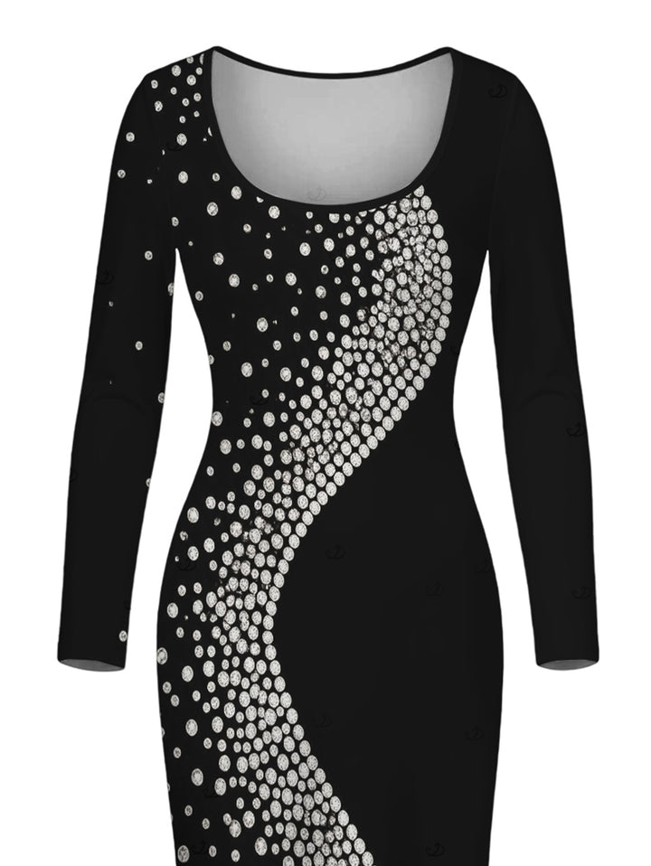 Diagonal Rhinestone Dot Print U Neck Long Sleeve Bodycon Party Dress