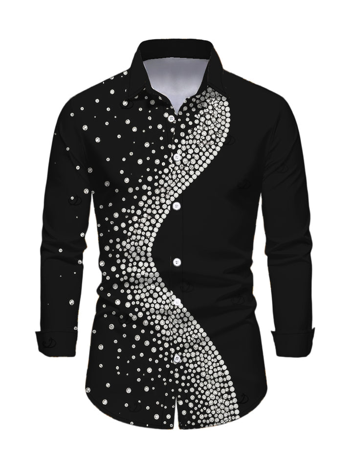 Men's Diagonal Rhinestone Dot Print Button Up Long Sleeve Shirt