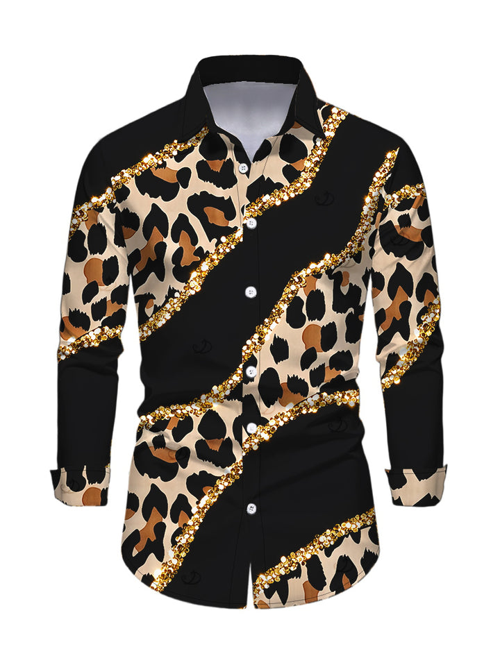 Men's Leopard Print with Gold Foil Line Print Button Up Long Sleeve Shirt