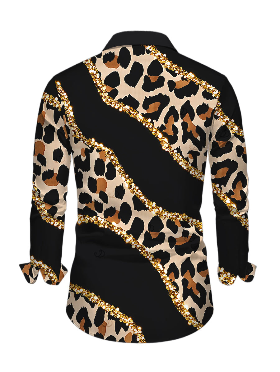 Men's Leopard Print with Gold Foil Line Print Button Up Long Sleeve Shirt