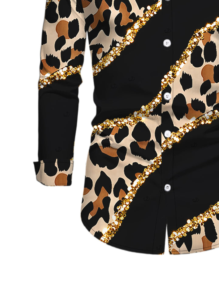 Men's Leopard Print with Gold Foil Line Print Button Up Long Sleeve Shirt