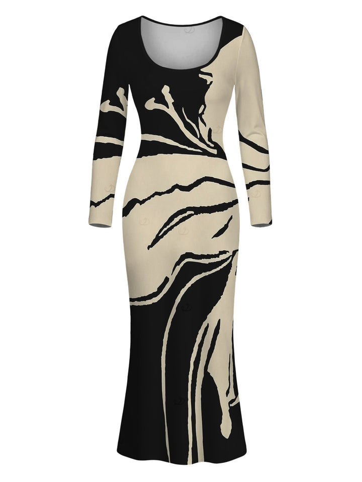 Colorblock Abstract Ink Painting Print U Neck Long Sleeve Bodycon Dress