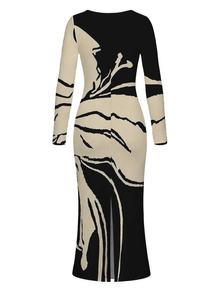 Colorblock Abstract Ink Painting Print U Neck Long Sleeve Bodycon Dress