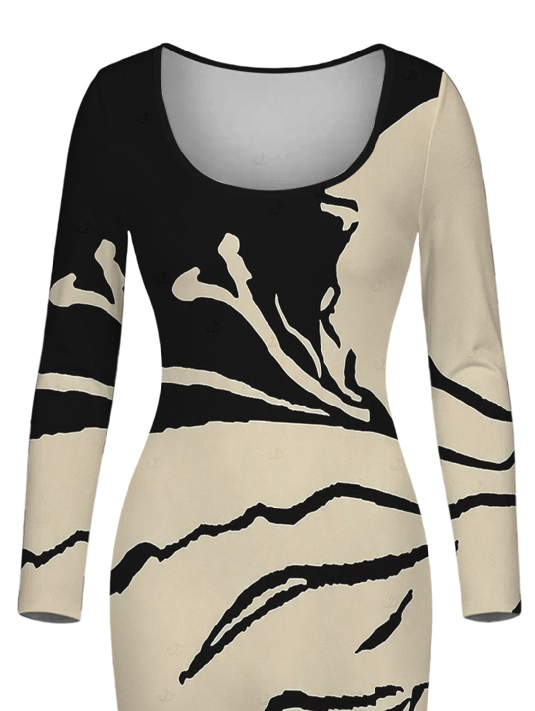 Colorblock Abstract Ink Painting Print U Neck Long Sleeve Bodycon Dress