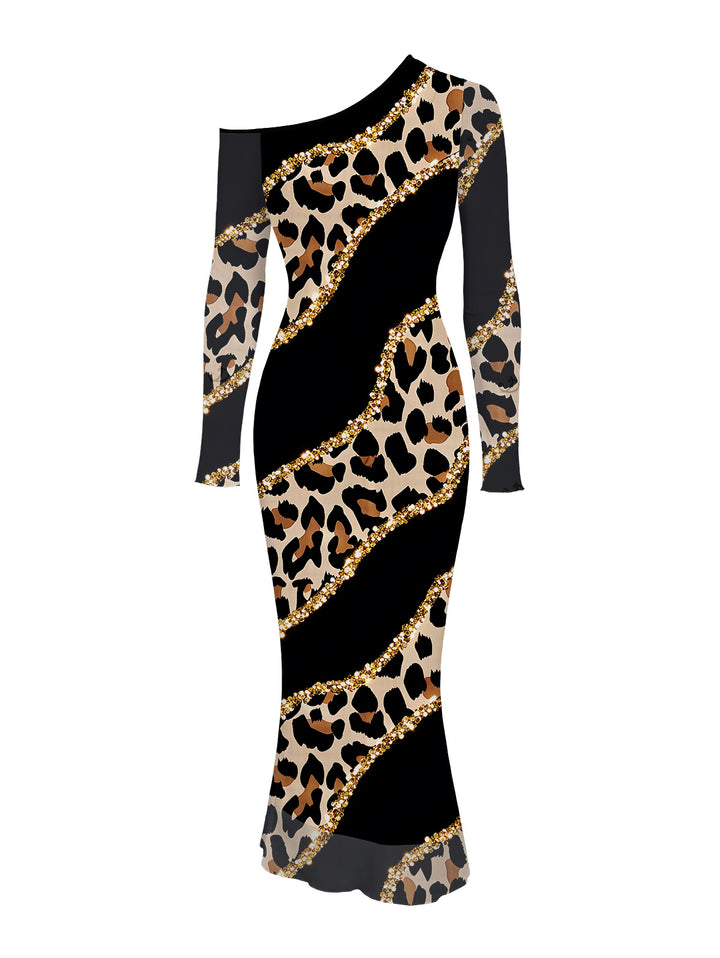 Leopard Print with Gold Foil Line Print Skew Neck Mesh Panel Bodycon Elegant Party Dress