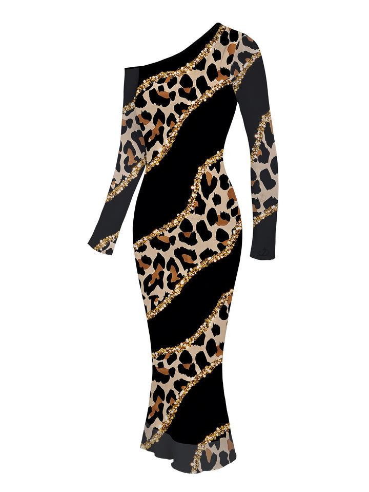 Leopard Print with Gold Foil Line Print Skew Neck Mesh Panel Bodycon Elegant Party Dress