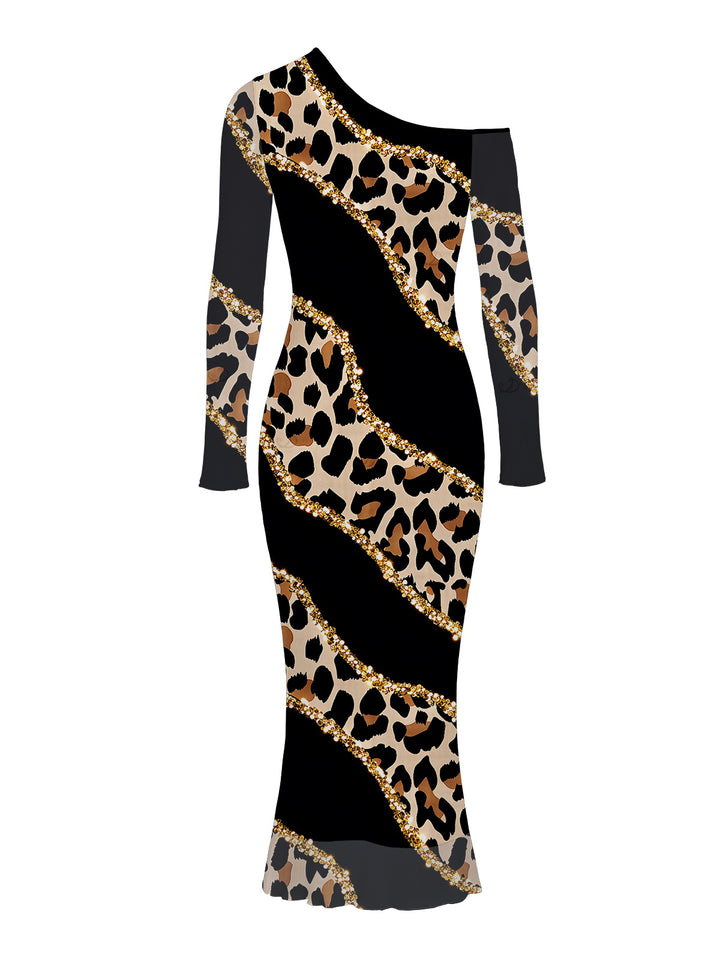 Leopard Print with Gold Foil Line Print Skew Neck Mesh Panel Bodycon Elegant Party Dress