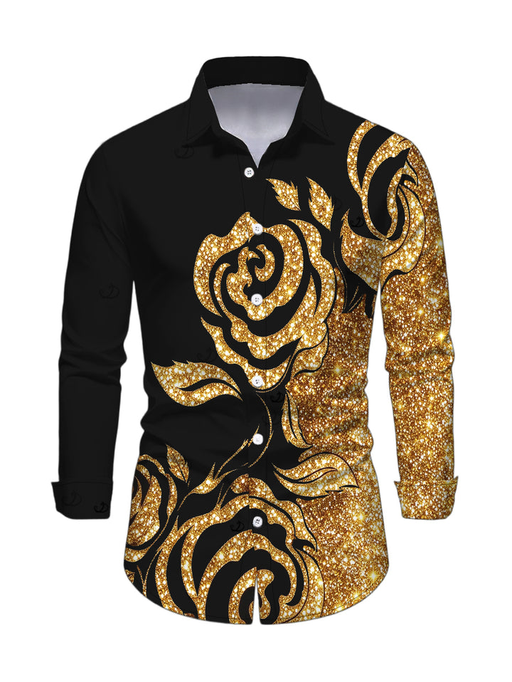 Men's Gold Glitter Rose Floral Print Button Up Long Sleeve Party Shirt