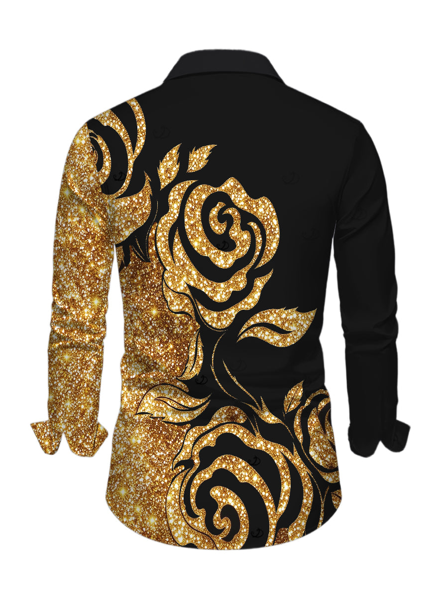 Men's Gold Glitter Rose Floral Print Button Up Long Sleeve Party Shirt