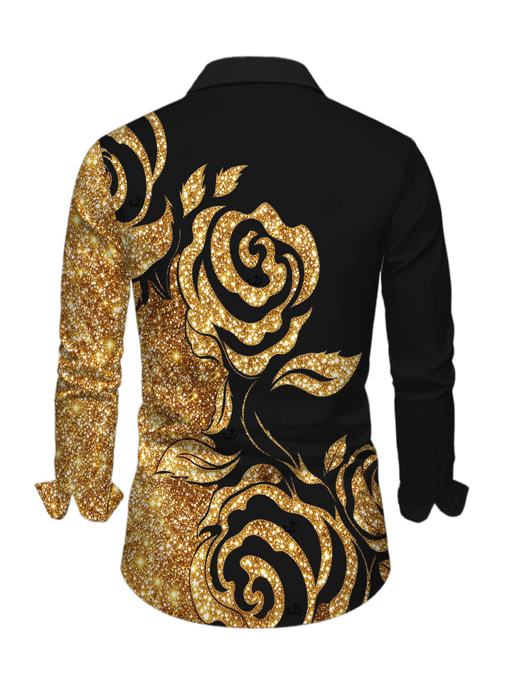 Men's Gold Glitter Rose Floral Print Button Up Long Sleeve Party Shirt