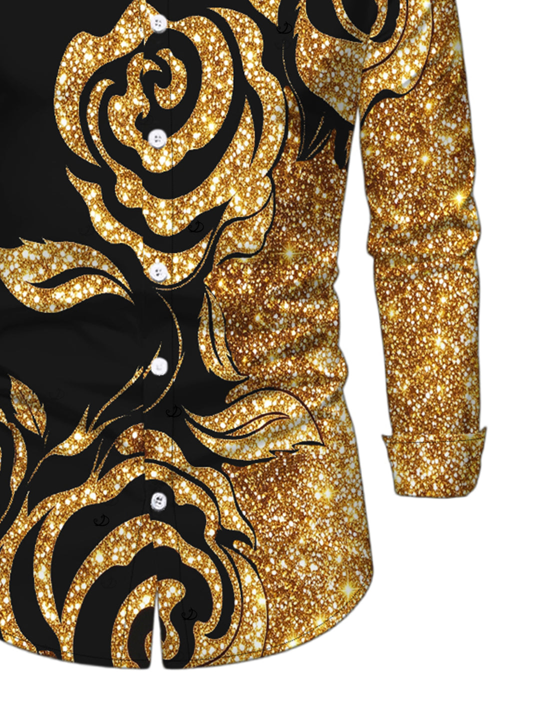 Men's Gold Glitter Rose Floral Print Button Up Long Sleeve Party Shirt