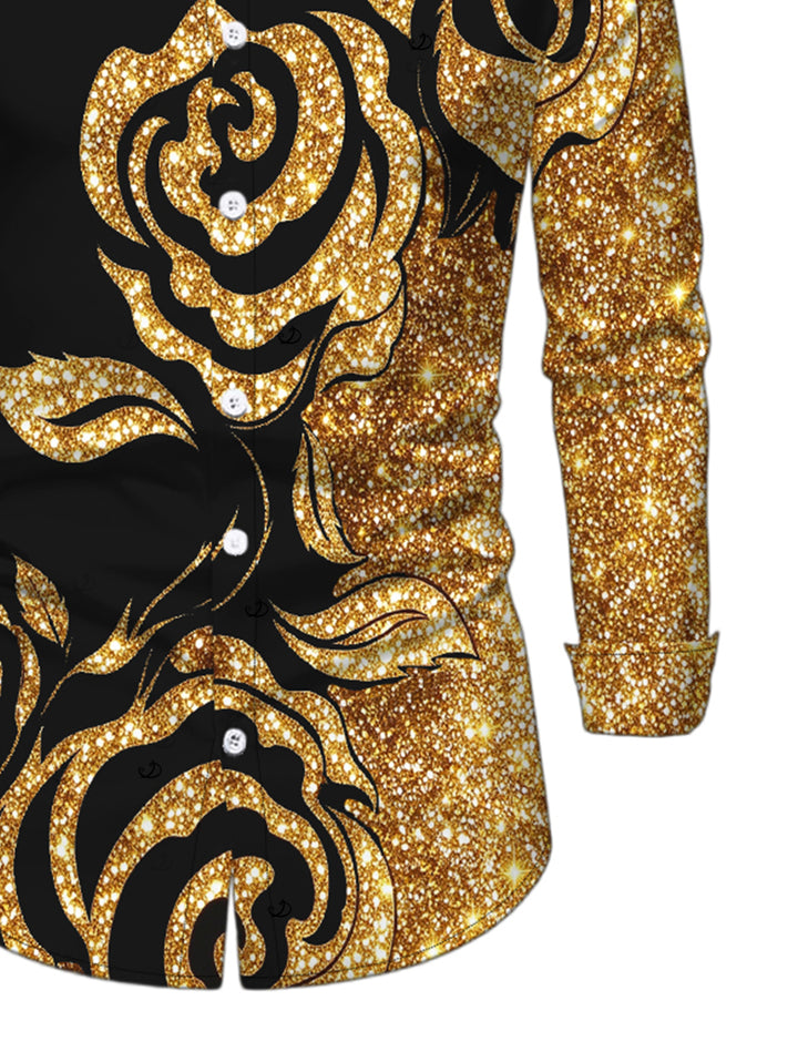 Men's Gold Glitter Rose Floral Print Button Up Long Sleeve Party Shirt
