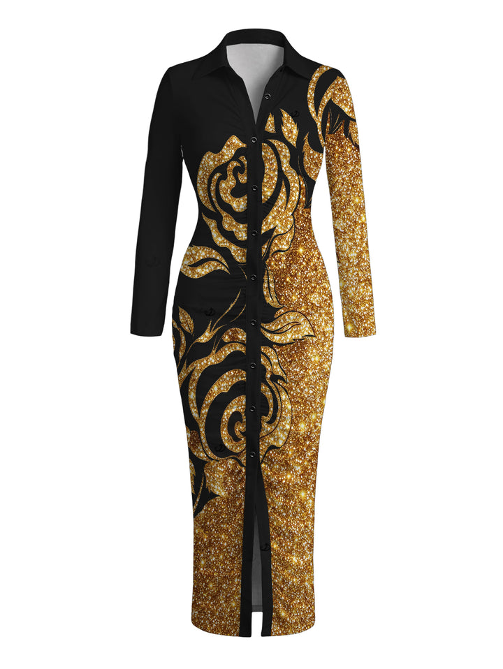 Gold Glitter Rose Floral Print Ruched Button Up Long Sleeve Bodycon Party Shirt Dress