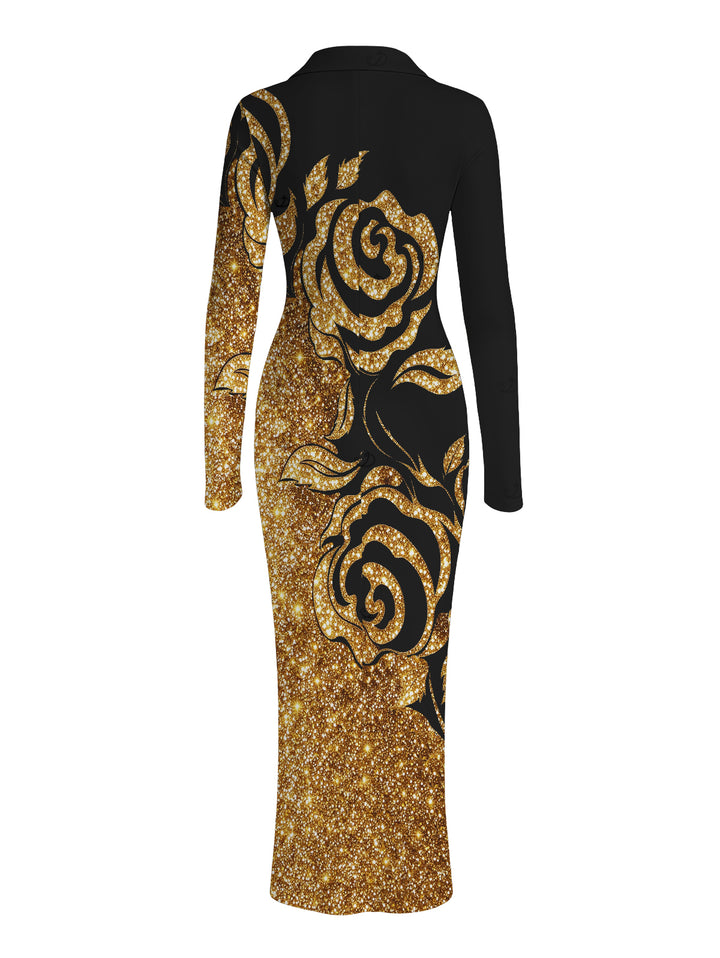 Gold Glitter Rose Floral Print Ruched Button Up Long Sleeve Bodycon Party Shirt Dress