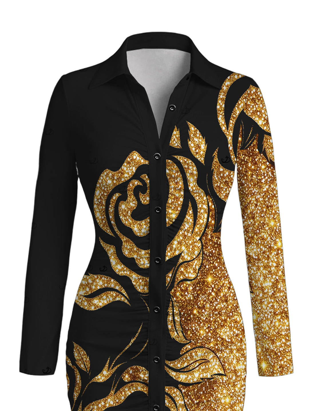 Gold Glitter Rose Floral Print Ruched Button Up Long Sleeve Bodycon Party Shirt Dress