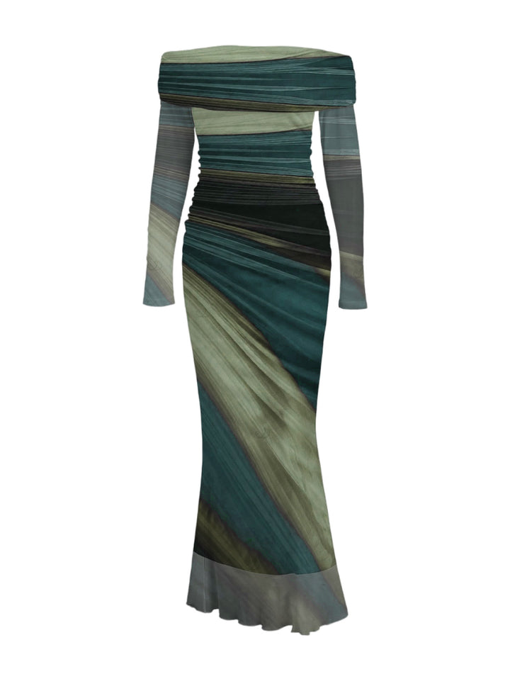 Tie Dye Print Off the Shoulder Ruched Mesh Panel Bodycon Elegant Party Dress